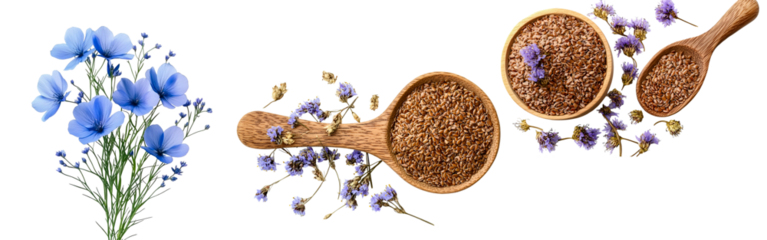 Flaxseed in wooden spoon with box of dried flax flowers