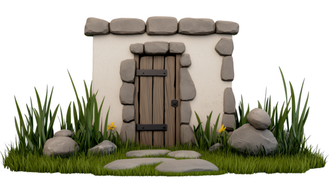 Rustic Stone Hut with Wooden Door and Wildflowers