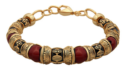 Ornate Gold Bracelet with Dark Red Enamel Beads