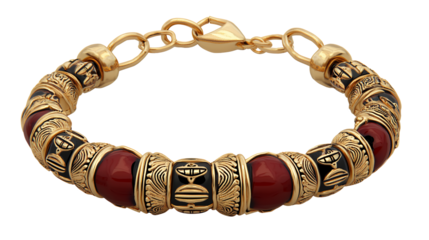 Ornate Gold Bracelet with Dark Red Enamel Beads