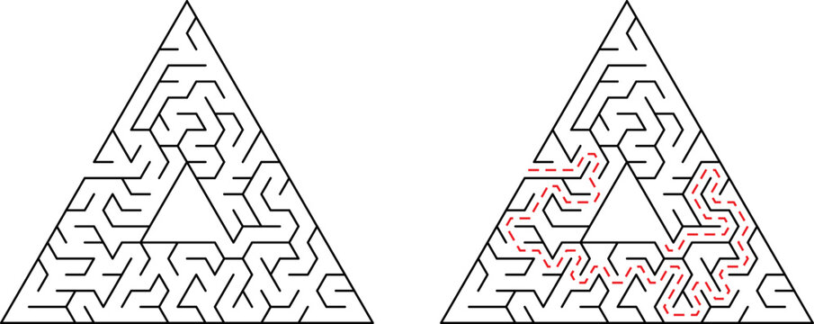 Triangular maze with solved path indicating solution and problem solving concept