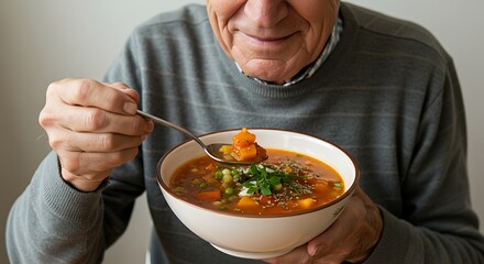 Man Eating Vegetable Soup with Spoon