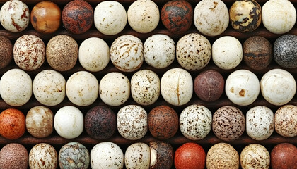 Close-up of a collection of multicolored speckled stones arranged in rows, showcasing their unique textures and patterns.