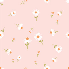 Seamless pattern with daisy chamomile flower and yellow flower on pink background vector.