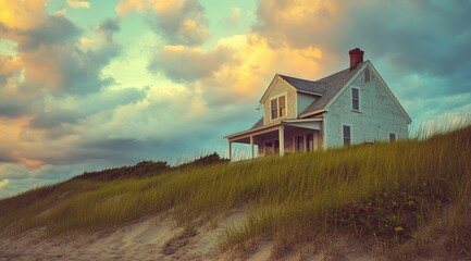 Serene sunset view of a quaint house perched atop a grassy dune