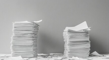 Two tall stacks of papers sit on a table with scattered scraps