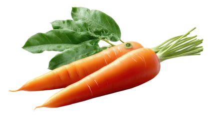 Fresh Carrot Pair: Two vibrant carrots with lush green tops, captured in a crisp, isolated composition.  The rich orange hue and intricate details of the carrots are beautifully highlighted. 