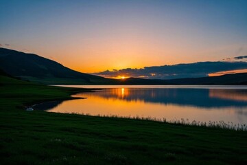 Obraz premium arafed view of a lake with a mountain in the background