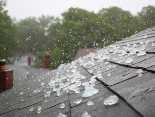 Hailstorm pelting residential roof close up view severe weather event damage potential insurance claim natural disaster