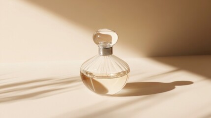 Elegant perfume bottle, light beige background, sunlit shadows