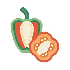 Sliced bell peppers in flat style isolated on black background