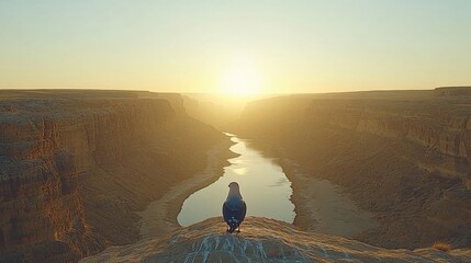 Voxel Art Landscape of a River Canyon During Sunrise with Bright Sky