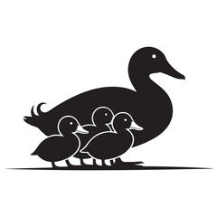 Obraz premium Black and silhouettes of a duck family with a duck Vector Black silhouette. with white background