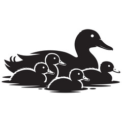 Black and silhouettes of a duck family with a duck Vector Black silhouette. with white background