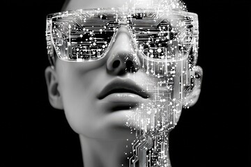 Digital overlay on a woman's face in grayscale.