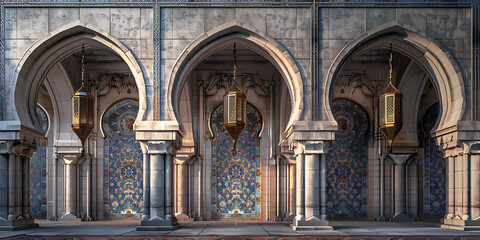 Obraz premium Elegant Arches with Intricate Detailing and Ornate Lanterns in Serene Space