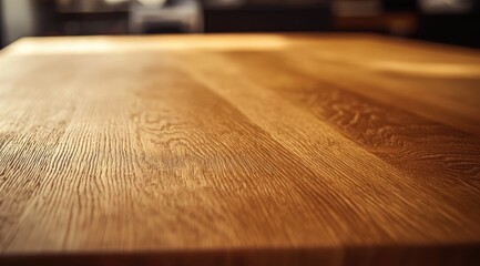 Warm-toned wood grain texture on a table surface. Light reflects, showcasing the natural wood pattern
