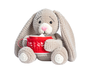 Adorable Crocheted Bunny with Red Mug and Marshmallows