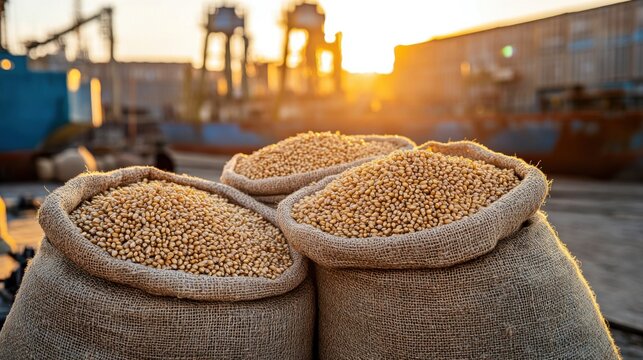 Three Burlap Sacks Full of Wheat Grains Close Up at Sunset in a Port Industrial Area Agriculture Harvest