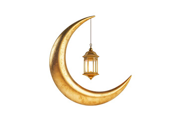 Fototapeta premium Golden Crescent Moon with Hanging Lantern on Transparent Background
