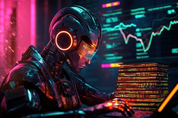 Futuristic robot analyzing financial data stacks for investment decisions in a high-tech environment