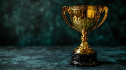 Golden Trophy of Triumph: An exquisite golden trophy, set against a backdrop of deep teal, radiates a sense of prestige and achievement, embodying the pinnacle of success and reward.