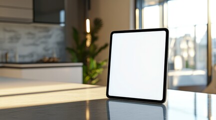 Modern tablet rests on sleek surface, bright kitchen backdrop