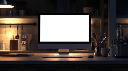 Illuminated desktop computer with blank screen sits on kitchen counter at night (1)