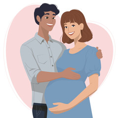 Man hugged pregnant woman carefully. Husband and wife expecting baby, young parents, family support. Flat vector illustration. Hand drawn