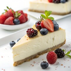 Delicious creamy cheesecake slice topped with fresh strawberries, blueberries, raspberries, and blackberries a perfect dessert for any occasion.