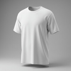 Blank white men's short-sleeve t-shirt, isolated against a neutral gray background. A 3D model of the apparel item, presented in an indoor studio setting.