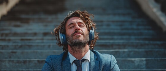 Unwinding, astute businessman  listening to music with headphones while seated on a staircase.