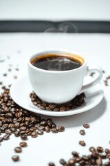 Fototapeta premium A cup of steaming coffee surrounded by coffee beans 