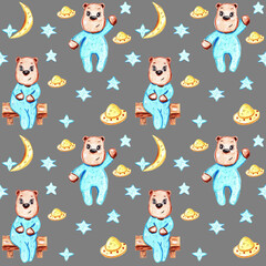 Cute bears and stars, moon, plate with aliens on gray background. Watercolor hand painted seamless pattern for kids.