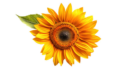 Naklejka premium Vibrant sunflower with golden petals and detailed center is displayed in top view, showcasing its natural beauty and intricate patterns. green leaf adds contrast