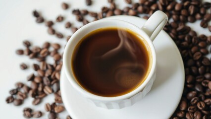 Obraz premium A cup of steaming coffee surrounded by coffee beans 