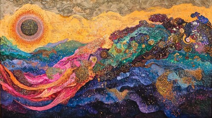 Composed of intricate, ever-flowing radio signals, the figure pulses with divine chakra energy, immersed in a boundless ocean of iridescent geological waves.
