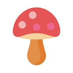 Single red mushroom with pink dots on black background