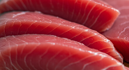 A close-up of raw tuna  fillets flaunts their deep red and pink colors, with glossy, smooth skin and rich marbling