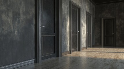 Obraz premium A dark hallway with aged doors and distressed walls.