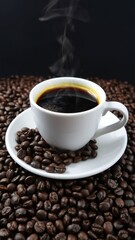 A cup of steaming coffee surrounded by coffee beans 