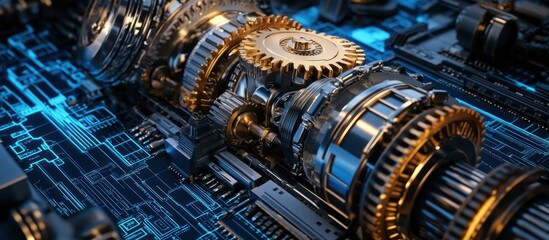 Close-up view of intricate golden gears and circuit board details highlighting mechanical precision and technological advancement