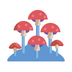 Group of cartoon mushrooms with red caps on black background