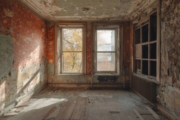 Fototapeta premium Abandoned top floor interior slung derelict forsaken outcast