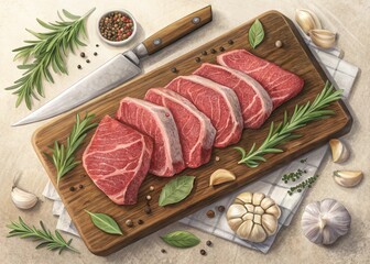 Fresh Raw Beef Steaks on Wooden Cutting Board with Rosemary and Spices