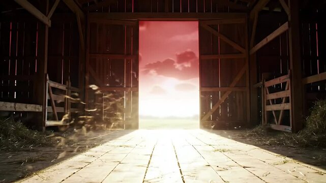 Interior of Open Wooden Barn Door Revealing Sky and Sunlight in Rural Setting