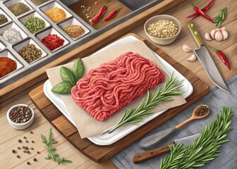 Fresh Raw Ground Beef with Herbs and Spices on Wooden Background