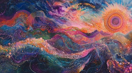 Composed of intricate, ever-flowing radio signals, the figure pulses with divine chakra energy, immersed in a boundless ocean of iridescent geological waves.