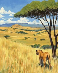 Fototapeta premium Lioness hunting in the African savanna, oil painting style, sunny day, golden grass, acacia tree, distant mountains, wildlife scene