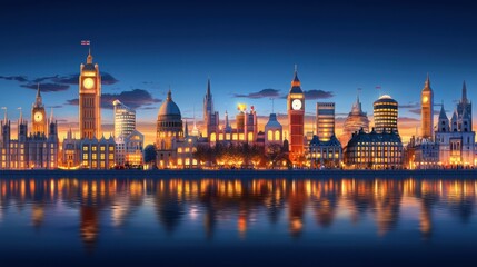 Obraz premium Artistic Panoramic View of European Cityscape at Dusk with Reflections on Water